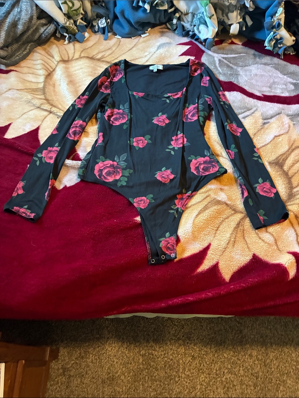 Floral Long-Sleeve Bodysuit Jacket - Pink Rose on Black